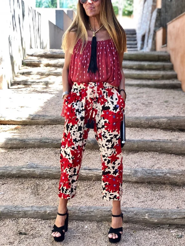 Age-reducing Style Bohemian Retro Casual Loose Sling Top Floral Pants Set