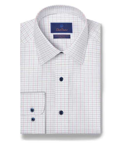 Heavy Coats David Donahue Trim Fit White & Berry Check Non-Iron Dress Shirt