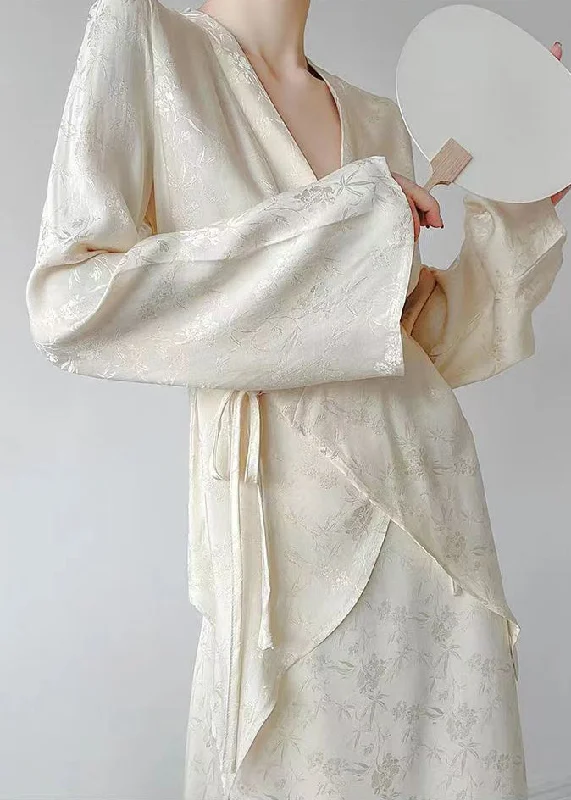 Fashion And Simplicity Classy Apricot V Neck Print Tie Waist Shirts Long Sleeve
