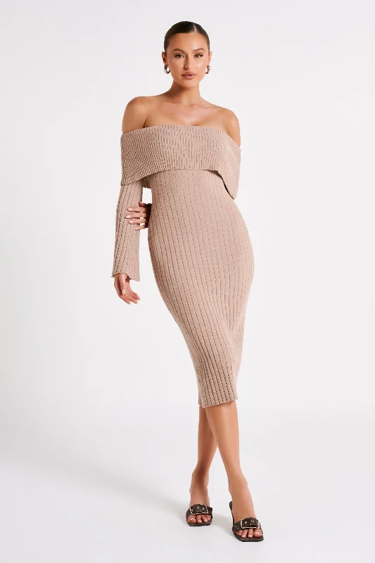 Elegant Design Stefania Off Shoulder Knit Dress - Taupe