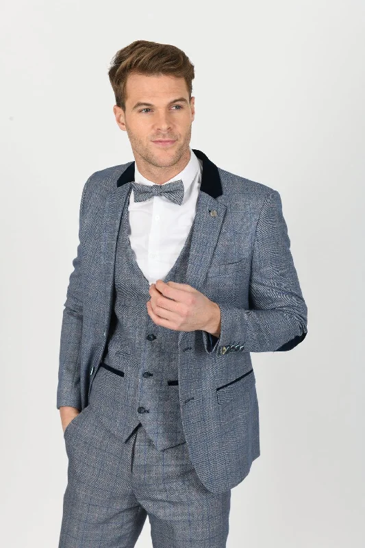 Sports Pants Hilton Blue Velvet Trim Tweed Check Blazer | Wedding Wear | Office Suit | Check Blazer