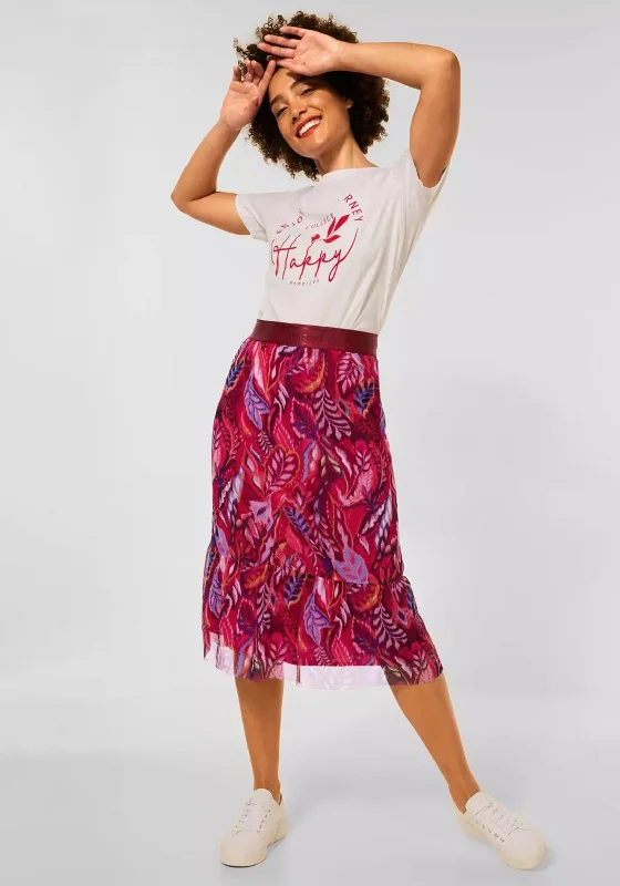 Comfortable Wear Street One Printed Mesh Midi Skirt, Cherry Red