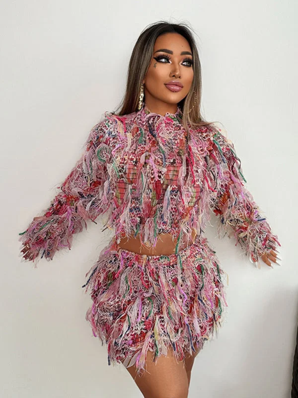 Fresh And Elegant New women's fashion trend colorful tassel round neck long sleeve slim short skirt suit