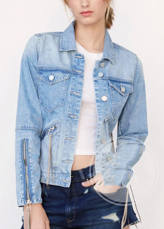 Classic Style Organic Blue Peter Pan Collar Tassel Denim Waistcoat Long Sleeve