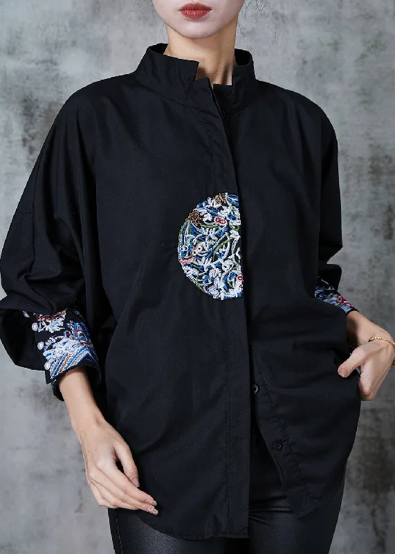 Must-have For Fashion Black Loose Cotton Shirt Stand Collar Embroidered Summer