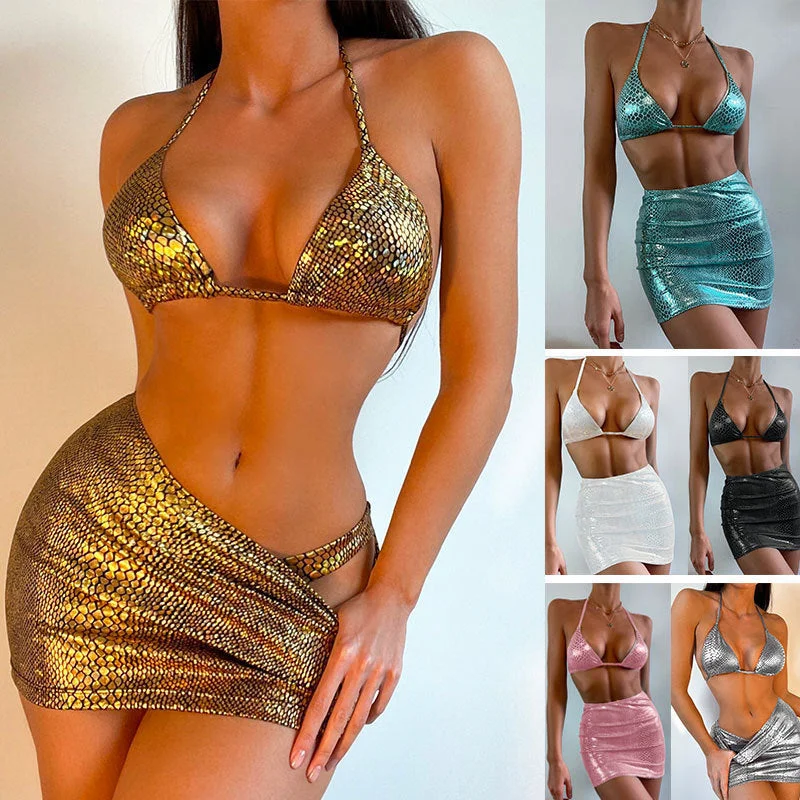 Elegant Wear Women's 3 Piece Bathing Suits Halter Snake Pattern Bikini Set With Cover Up Skirt Summer Swimsuit