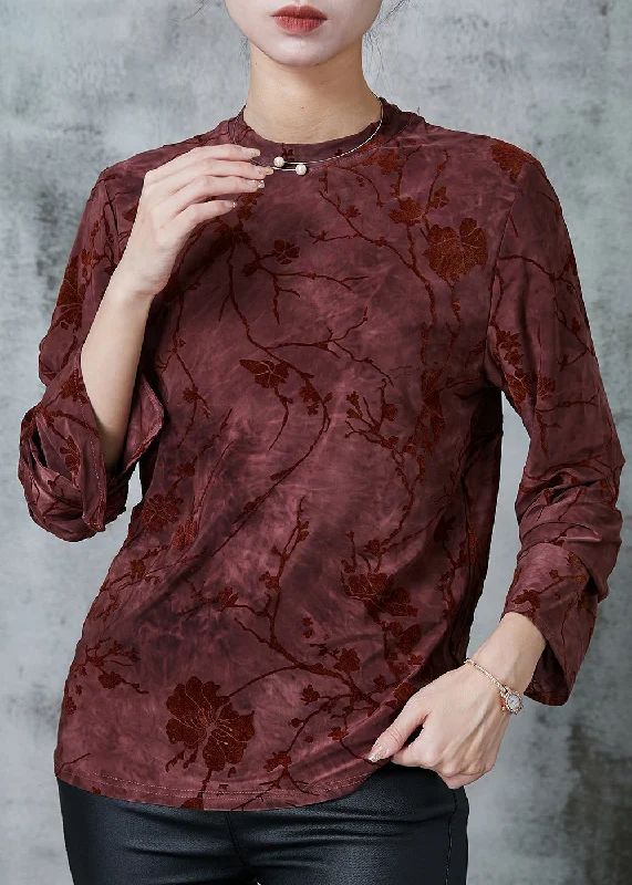 Classic Retro Dull Red Jacquard Silk Velour Shirt Silm Fit Spring