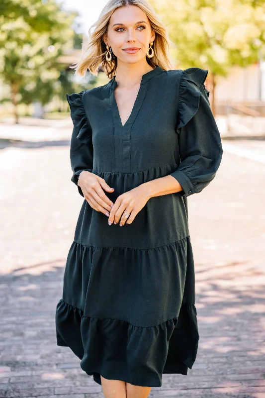 Fashionable In The Times Pursue Your Dreams Dark Hunter Green Ruffled Midi Dress