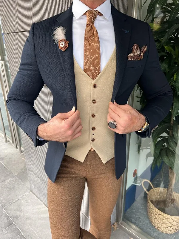 Rugged Jackets Rick Slim Fit Baroncelli Italian Fabric Stamped Dark Blue Blazer