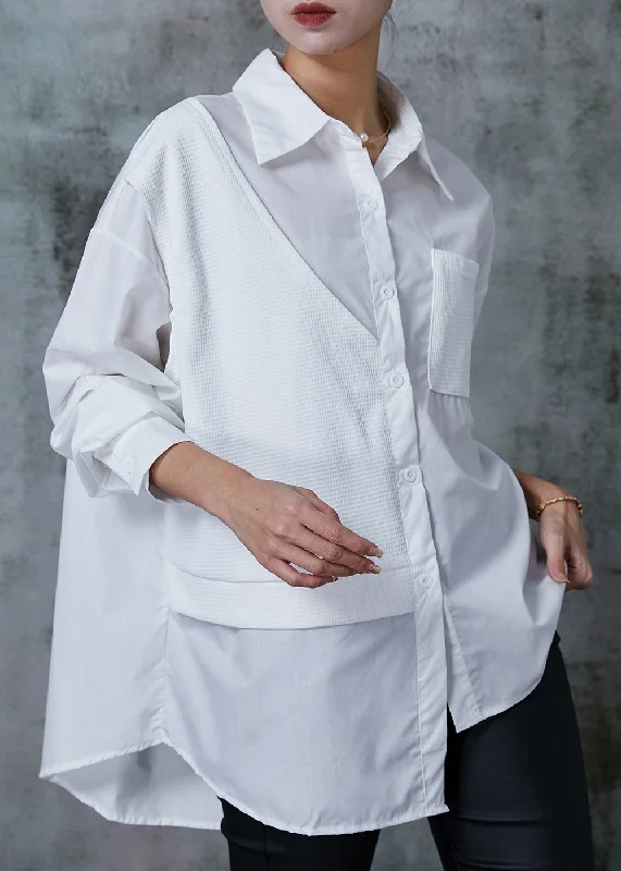 Comfortable Wear DIY White Asymmetrical Patchwork Cotton Fake Two Piece Shirt Tops Spring