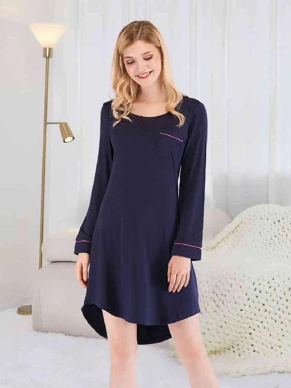 Simple Matching Round Neck Night Dress with Pocket