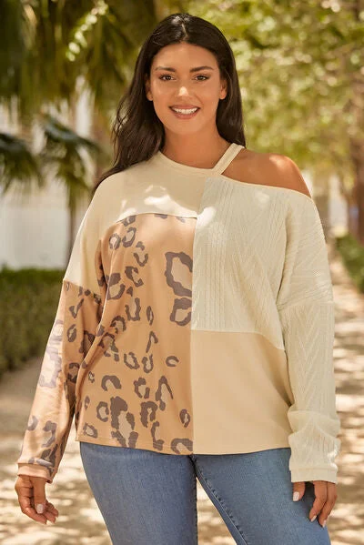Age-reducing Style Plus Size Leopard Color Block Long Sleeve T-Shirt