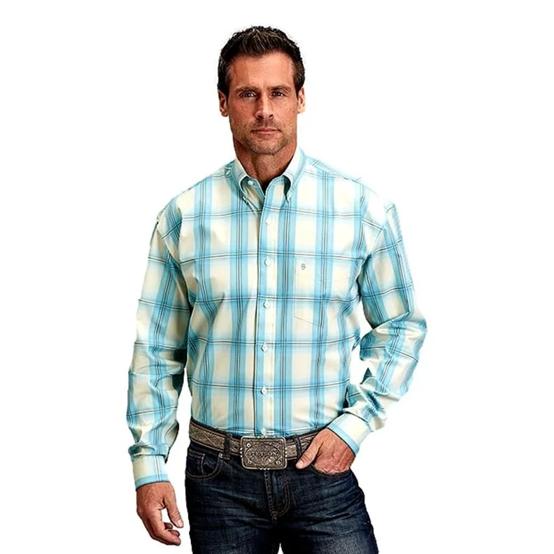 Weekend Outfits Stetson Western Shirt Mens L/S Buttons Plaid Aqua 11-001-0579-2043 BU