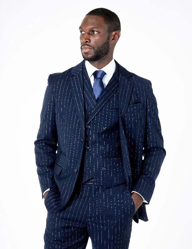 Casual Knitwear NEIL - NAVY DOUBLE BREASTED GOLD PINSTRIPE JACKET