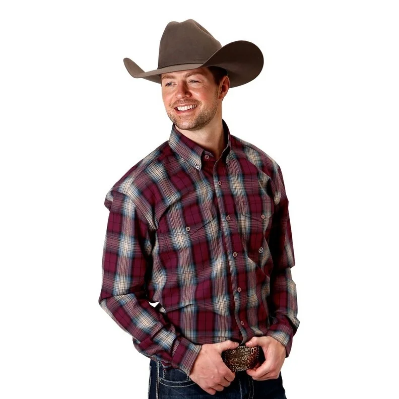 Tailored Comfort Roper Western Shirt Mens L/S Plaid Button Wine 03-001-0378-1046 WI