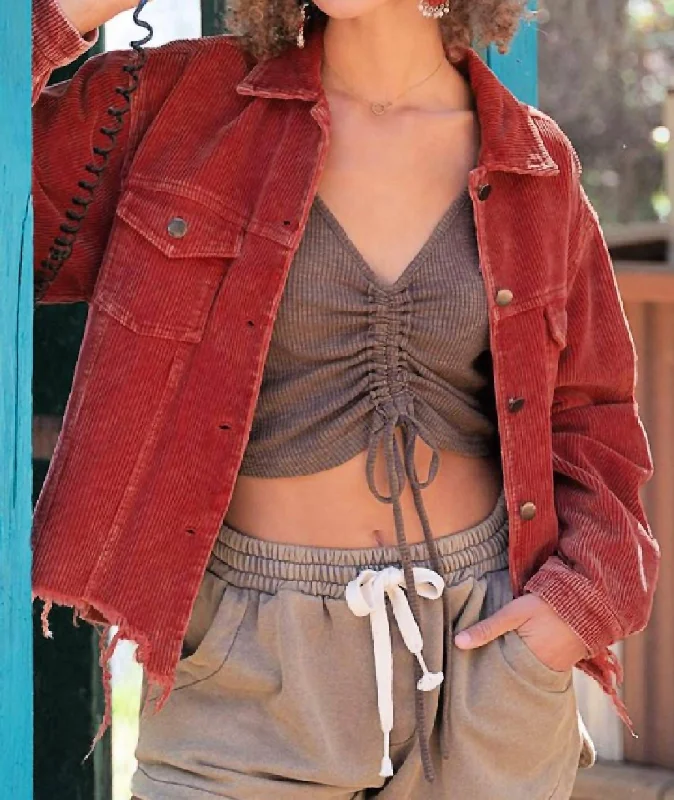 Youthful Style Crop Corduroy Jacket W/ Raw Hemlin In Tomato