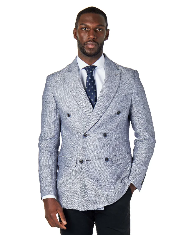 Casual Hoodies RAY - TAILORED FIT GREY BLUE HERRINGBONE LINEN DOUBLE BREASTED JACKET