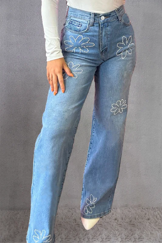 Tropical Style Rhinestone Straight Jeans with Pockets