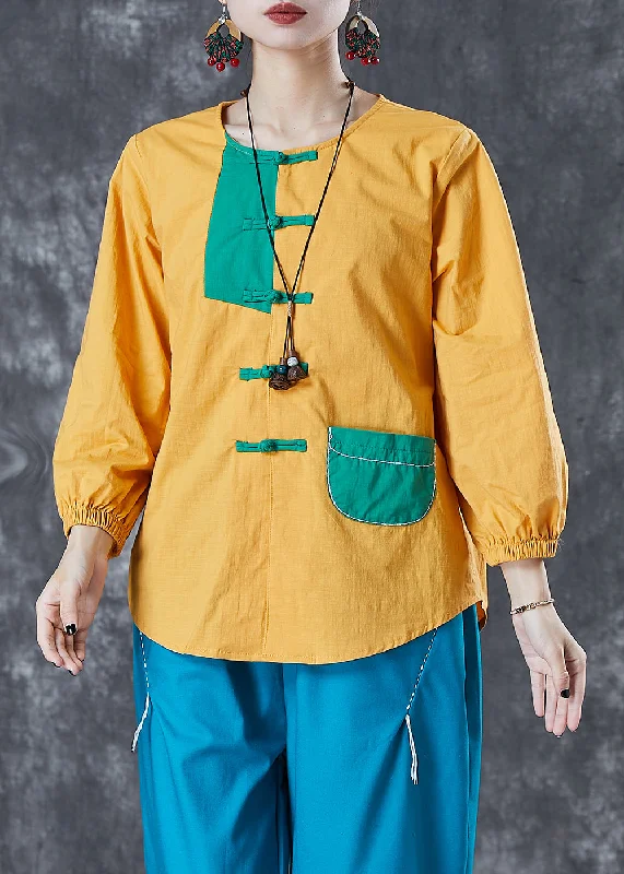 Exquisite Design Chic Yellow Chinese Button Patchwork Linen Shirt Top Summer