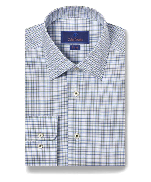Weekend Outfits David Donahue Grass & Blue Twill Check Dress Shirt (Trim Fit)