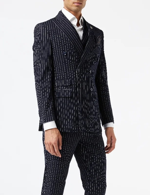 Premium Fabric ALFRED - NAVY DOUBLE BREASTED WHITE PINSTRIPE JACKET AND WAISTCOAT