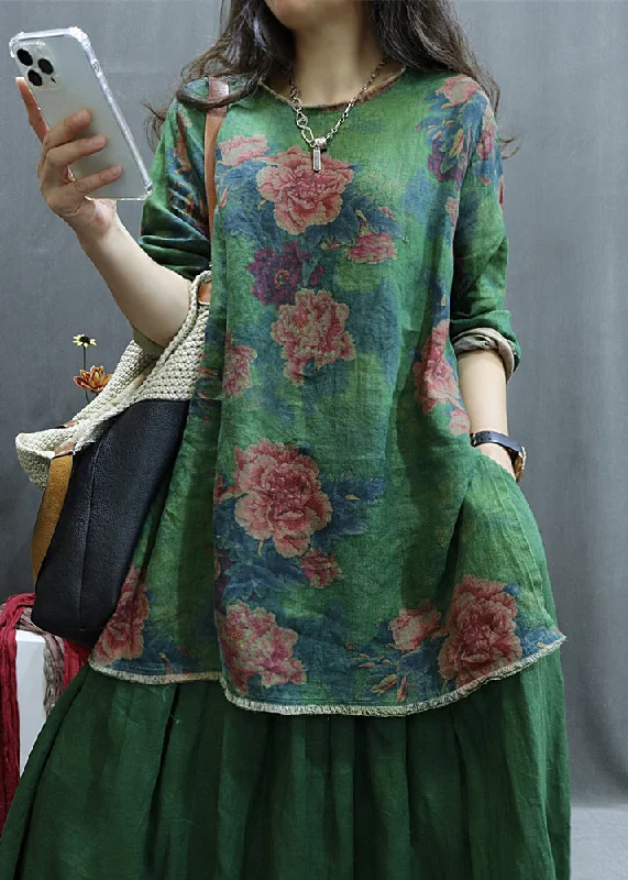 Fresh Wear New Green Print Side Open Linen Blouse Spring