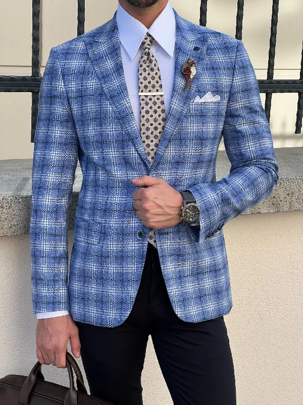 Sporty Look Bojoni Astoria Slim Fit High Quality Mono Collar Blue Plaid Woolen Blazer