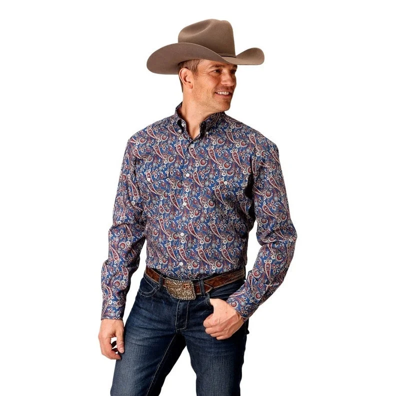 Tech Jackets Roper Western Shirt Mens L/S Print Button Blue 03-001-0325-4020 BU