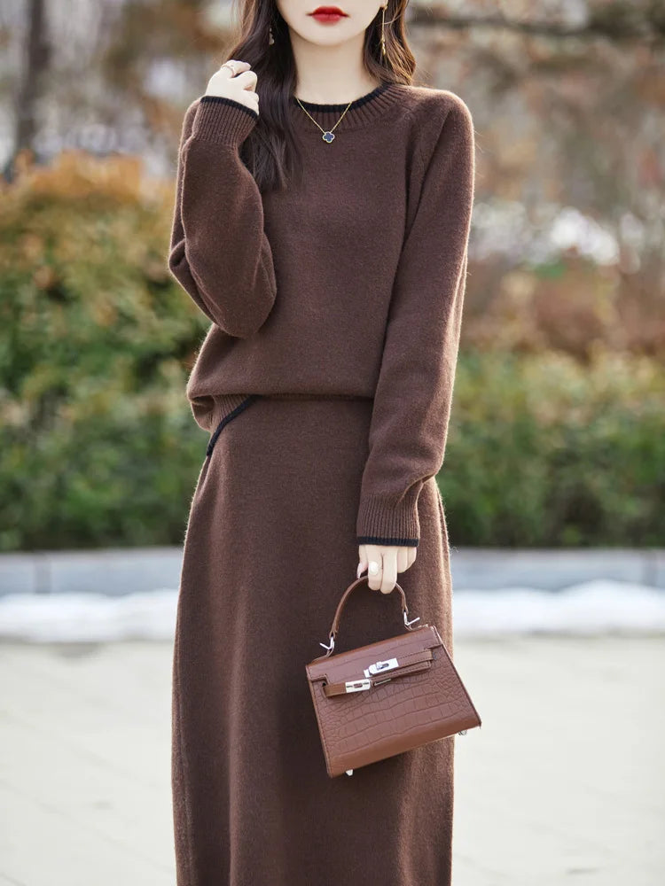 Fashionable Items Fashion Suit Spring Autumn Winter 100% Merino Wool Knit High Quality Sweater Women Top And Harem Skirt Two-Piece Female Clothing