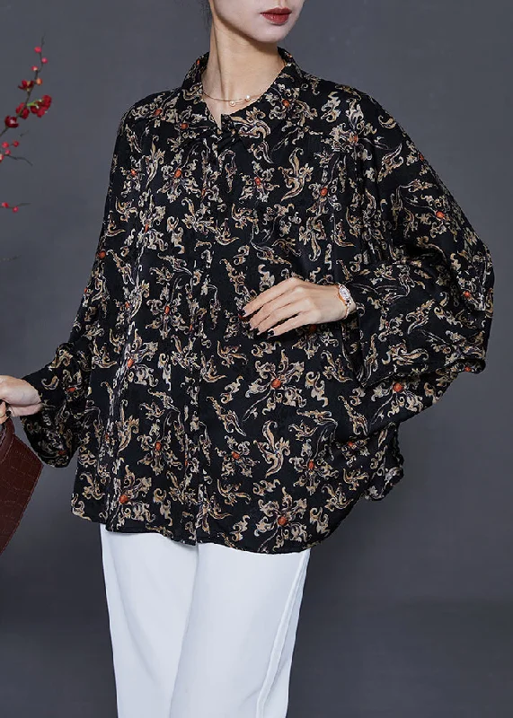 Breathable Design Black Print Chiffon Blouses Peter Pan Collar Summer