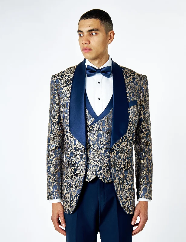 High-end Jackets LOUIS – NAVY GOLD JACQUARD PRINT DINNER TUXEDO JACKET