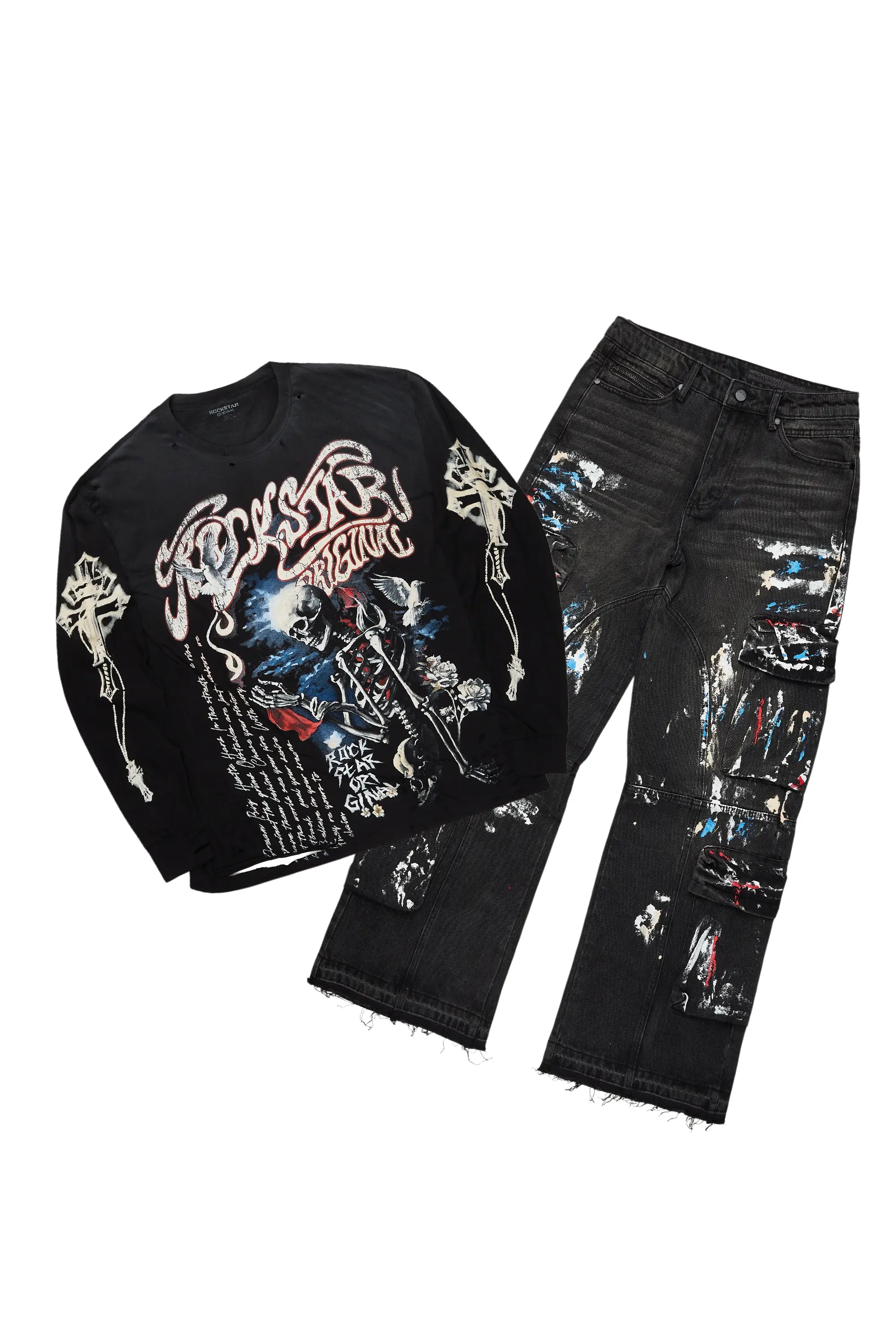 Versatile Style Danby Black Long Sleeve T-Shirt/Baggy Cargo Jean Bundle