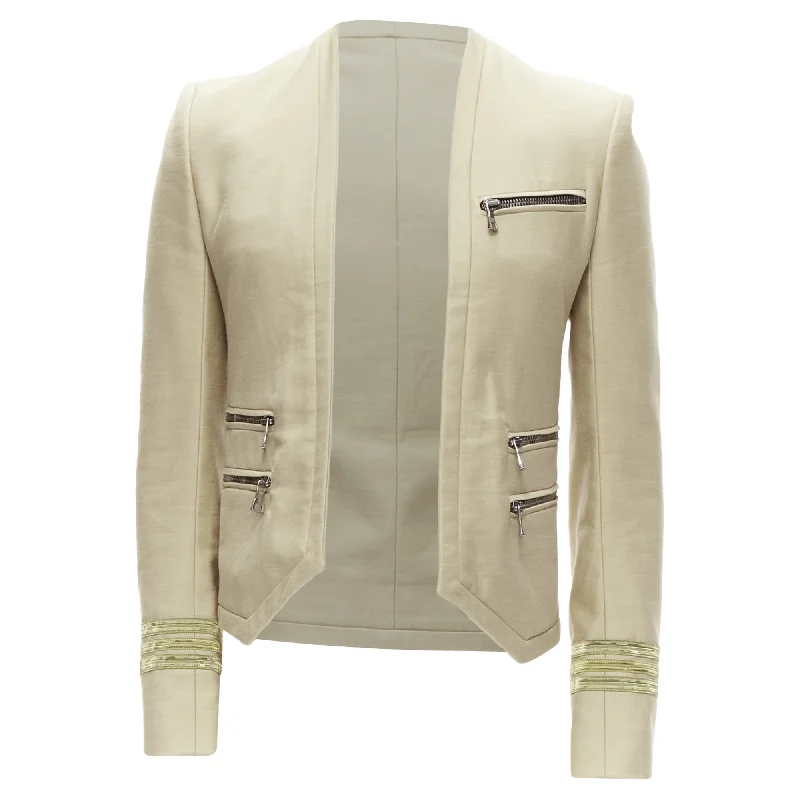 Cozy Fit Balmain cotton military trim zippers cropped fitted jacket