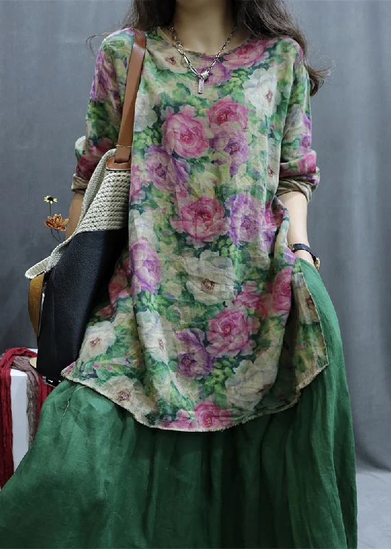 Fashionable Prints Pink Low High Design Linen Shirt O-Neck Long Sleeve