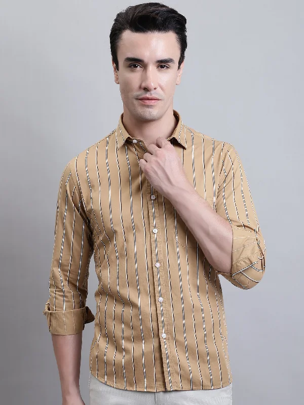 Rugged Jackets Men's Khaki Casual Stripe Print Full Sleeve Shirt