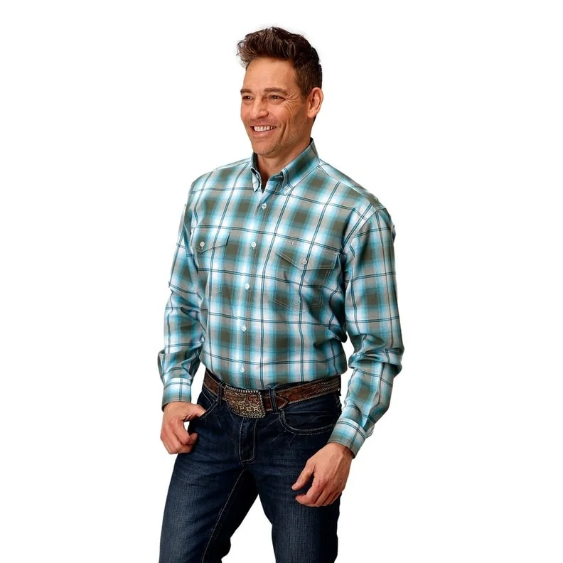 Premium Comfort Roper Western Shirt Mens L/S Plaid Button Green 03-001-0378-5014 GR