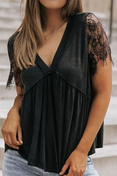 Romantic Temperament Lace Detail V-Neck Short Sleeve T-Shirt