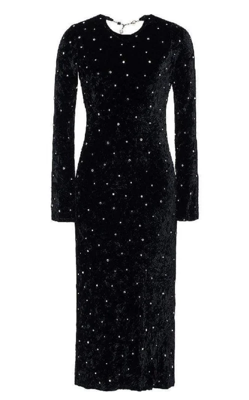 Exquisite Design Open-Back Crystal-Embellished Crushed-Velvet Midi Dress