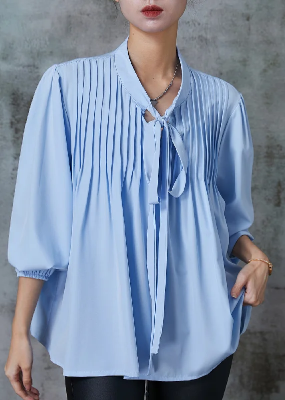 Economic Outlook Art Blue Tie Up Wrinkled Cotton Blouse Top Spring