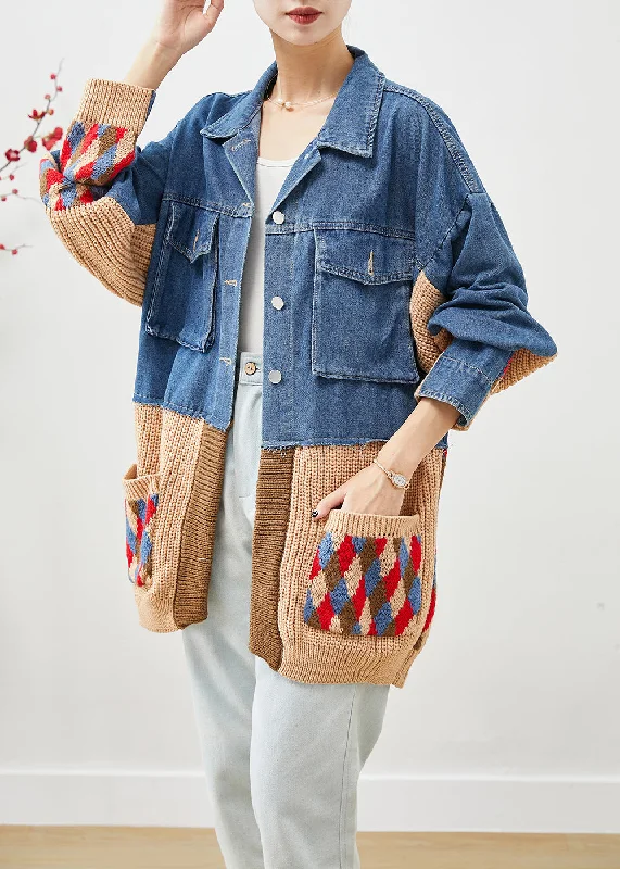 Trendy Items Art Blue Oversized Patchwork Pockets Denim Jacket Fall