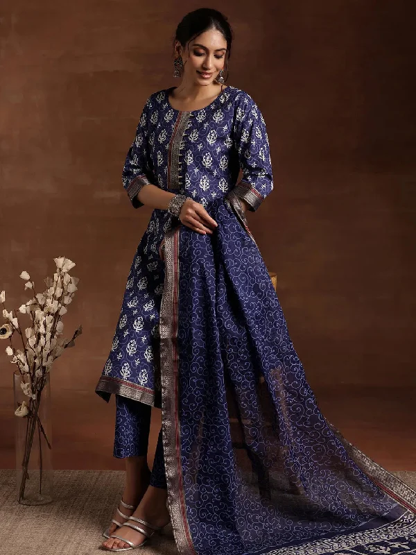 Tropical Style Indigo Printed Cotton Straight Suit With Dupatta