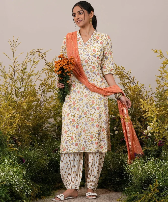 Fashion Selection Off White Printed Cotton Straight Suit With Dupatta
