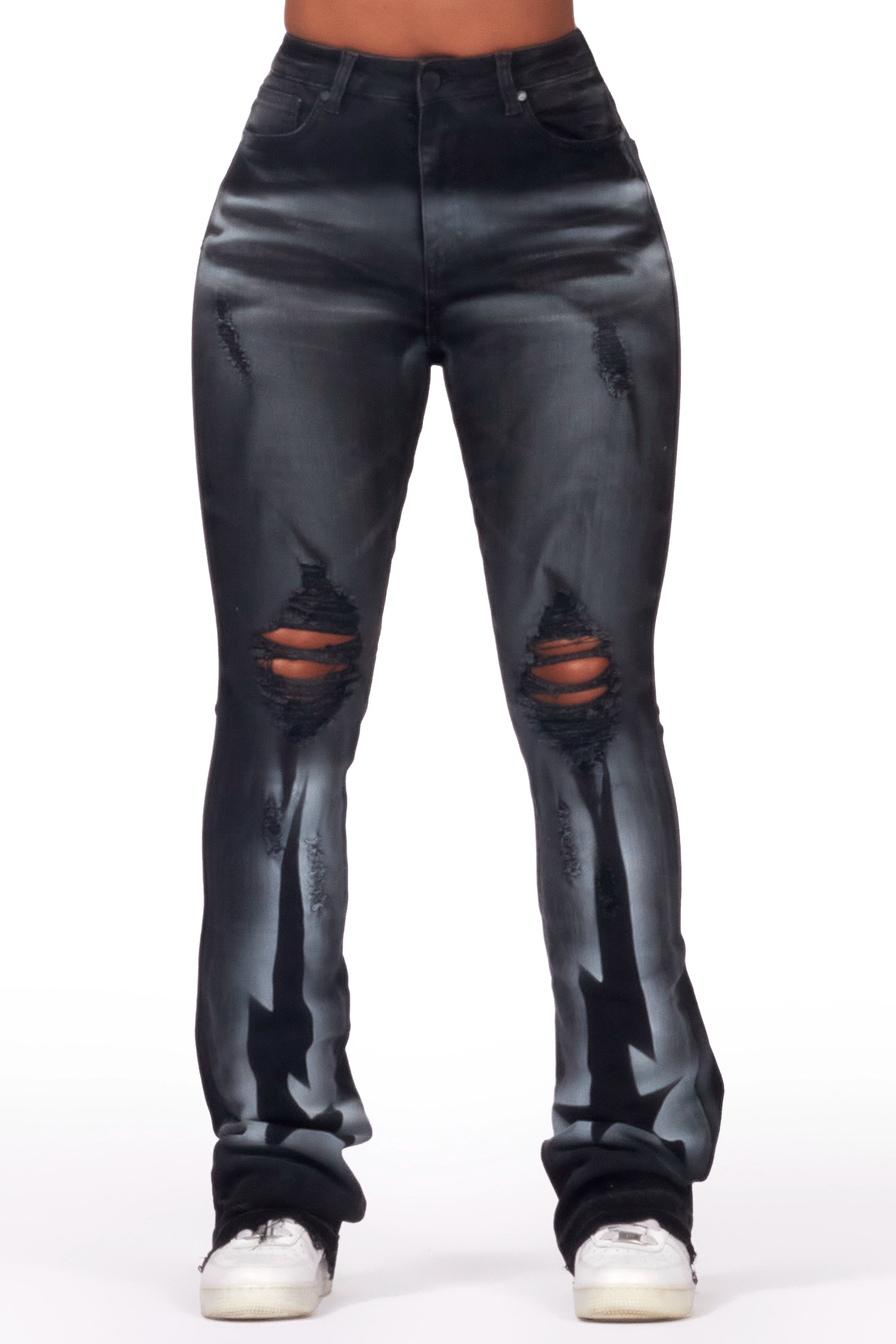 Lace Design Maranda Black Stacked Flare Jean