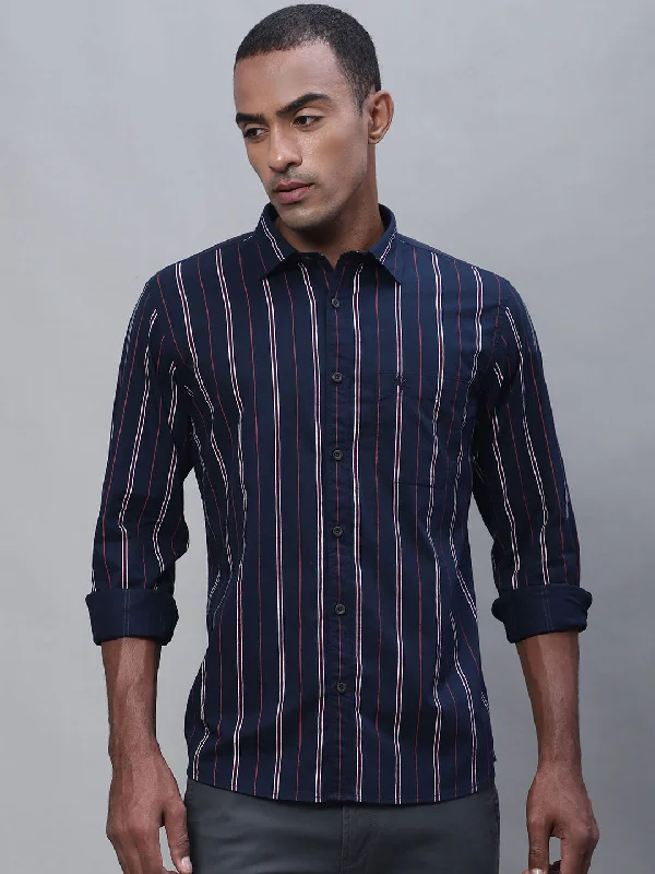 Comfortable Style Men's Navy Blue Casual Narrow Stripe Full Sleeve Shirt