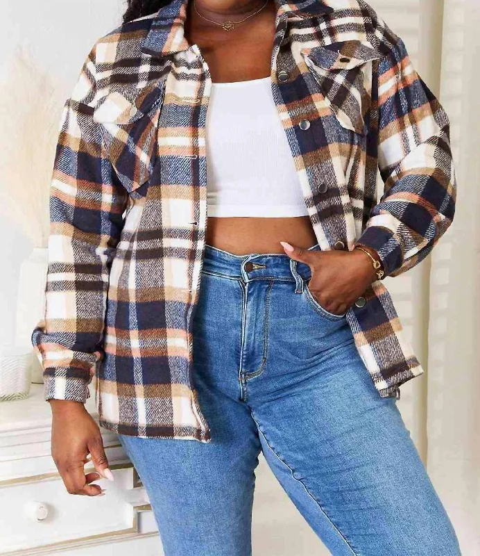 Street Fashion Elegant Plaid Utility Shirt Jacket In Navy