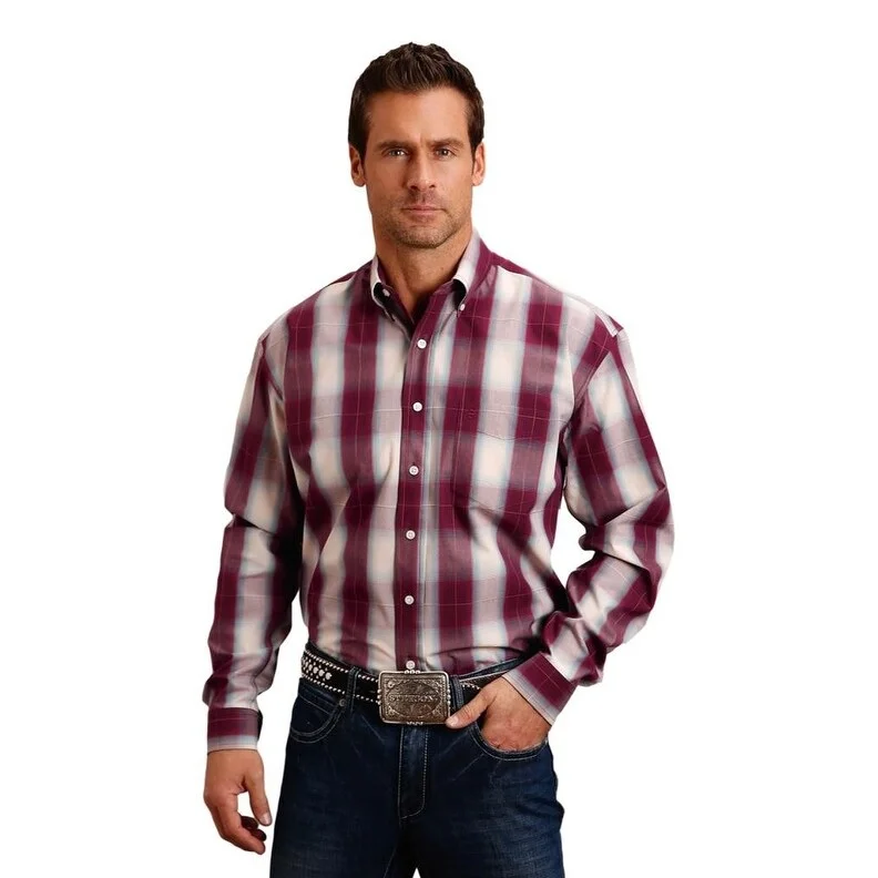 Tech Jackets Stetson Western Shirt Mens L/S Plaid Button Wine 11-001-0579-0768 WI