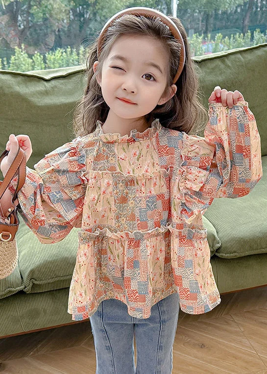 Comfortable Series Cute Ruffled Print Cotton Girls Shirt Long Sleeve