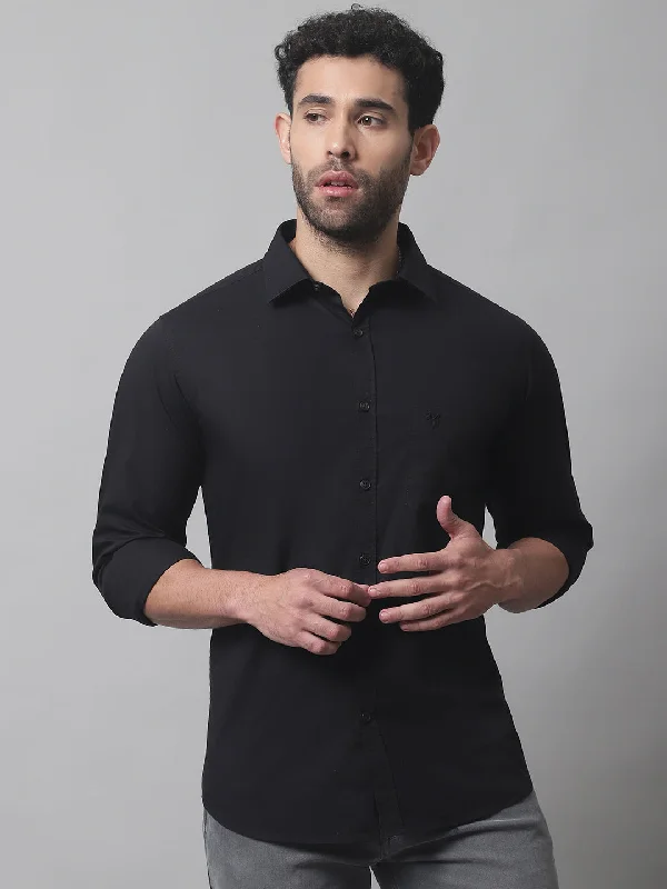 Minimalist Style Men's Black Casual Plain Stretch Full Sleeve Shirt