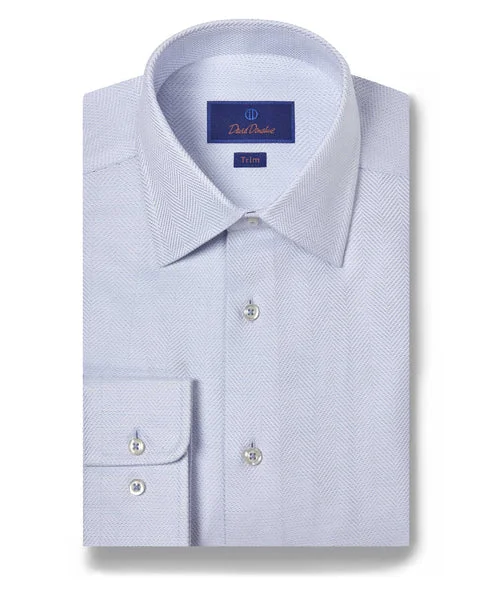 Street Hoodies David Donahue White & Blue Herringbone Dress Shirt (Trim Fit)