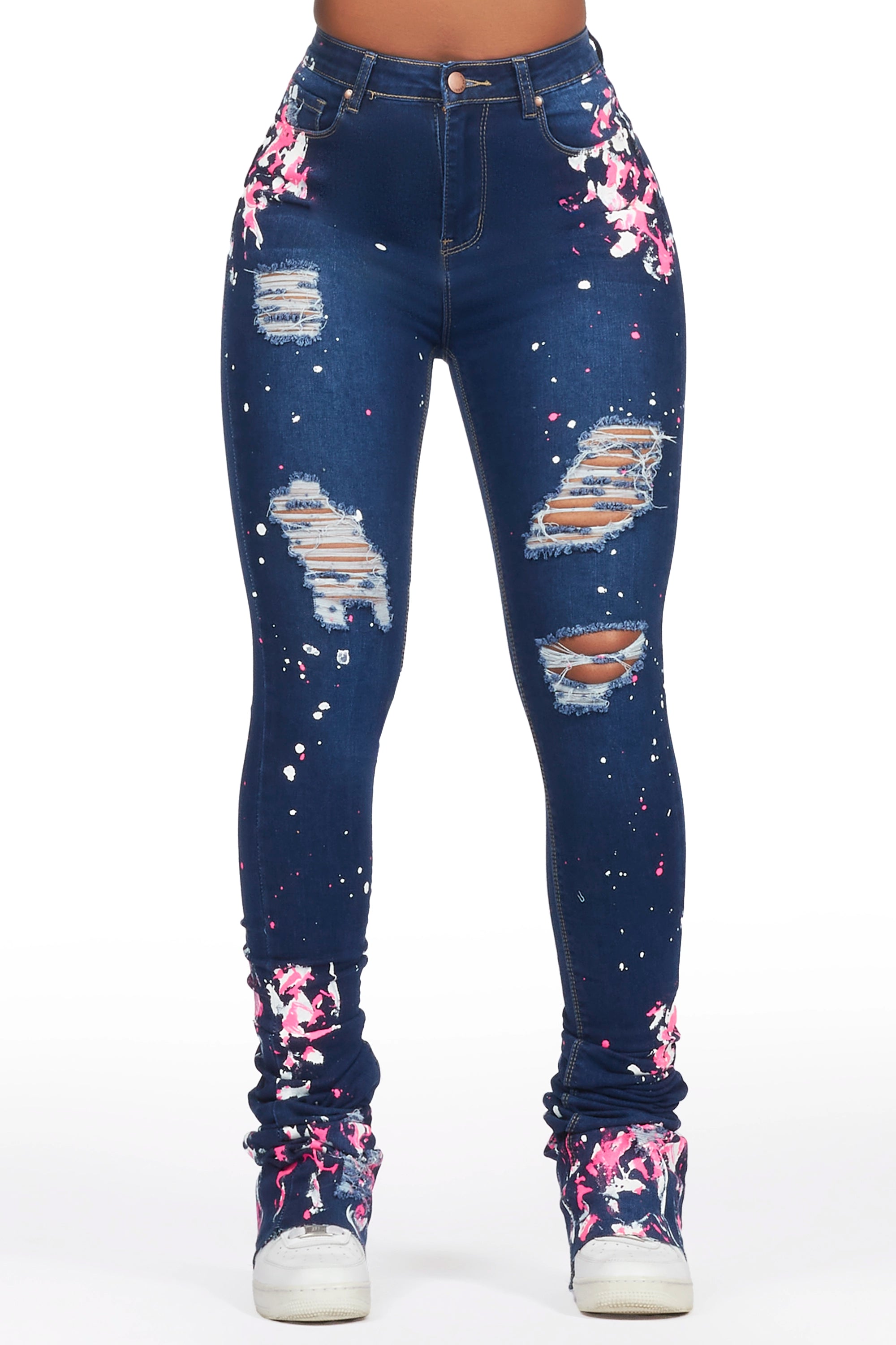 High-end Customization Lovie Dark Wash Painted Super Stacked Jean